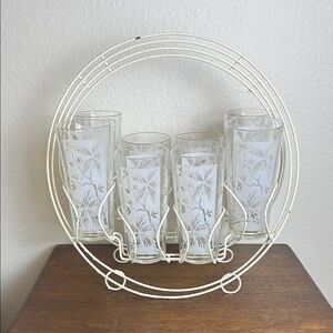 VTG MCM 8-Piece Glasses Etched Palm Trees Pattern Carousel Caddy